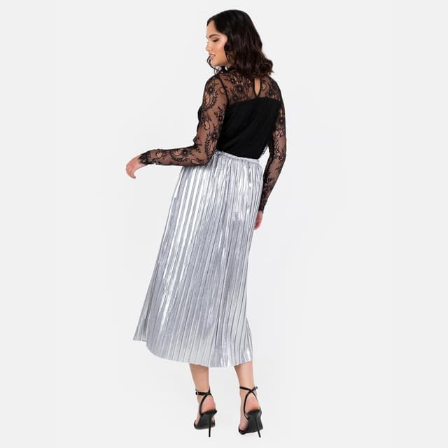 Detalle de Lovedrobe Damen Midirock mit Falten, A-Linie und elastischem Bund (Metallic, Satin-Finish, gefüttert)