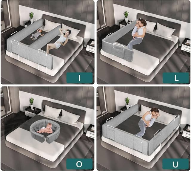 Detalle de LZQ 2x Bettgitter mit Rausfallschutz (Bettkantenschutz), höhenverstellbar 40–60 cm, flexibel formbar – Grau, 150 cm