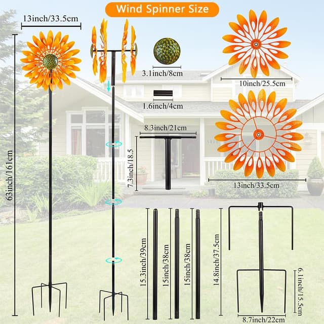 Detalle 2 de VEWOGARDEN Sunflower Wind Spinner with 4 Blades — Metal Kinetic Outdoor Yard Decoration (63" tall)