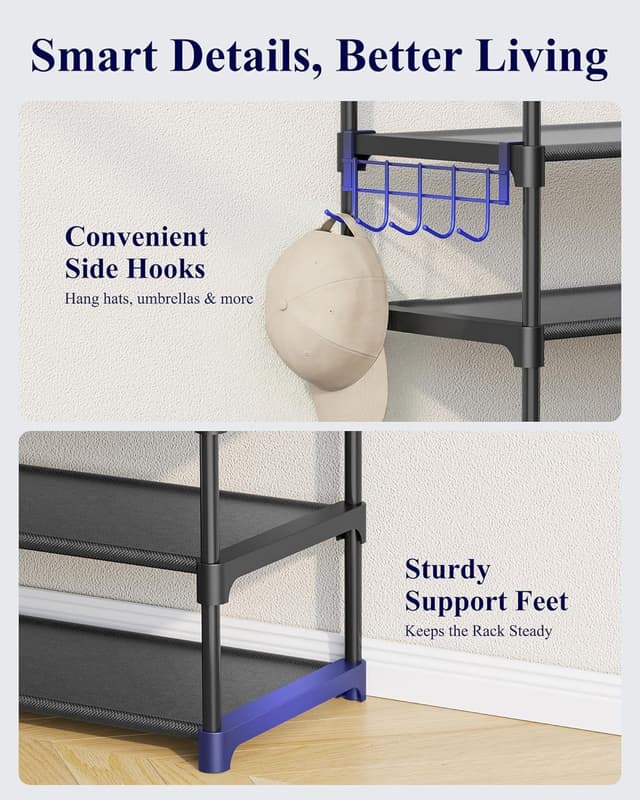 Detalle de Kitsure 10-Tier Shoe Rack for Closet with Hook Rack (Black) — Space-Saving Shoe Organizer