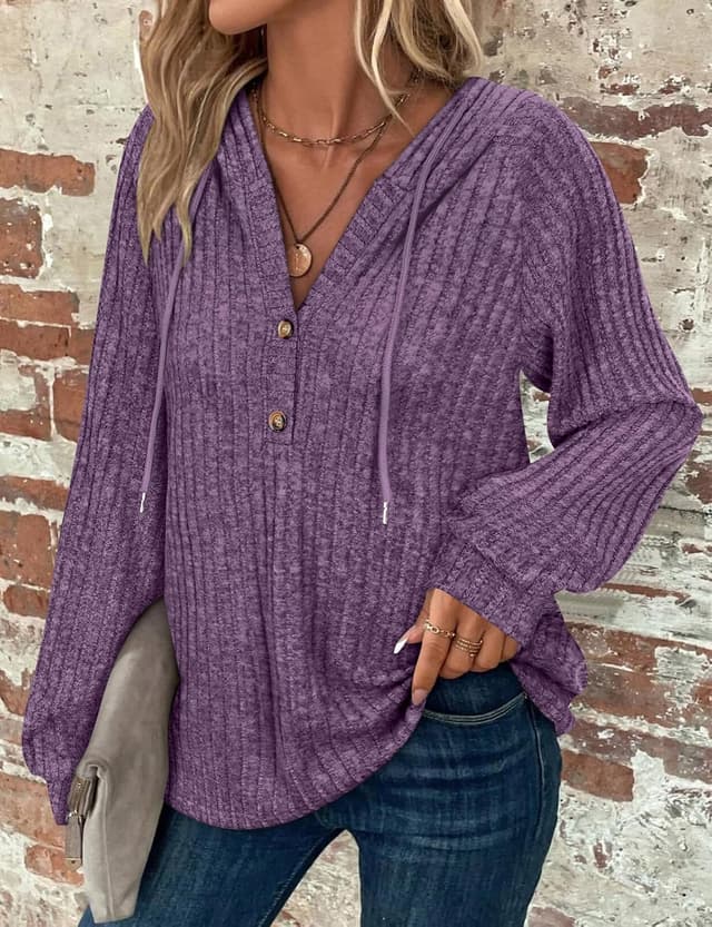 Detalle de Women’s long sleeve V-neck hoodie jumper with drawstring & button front (65% rayon blend)