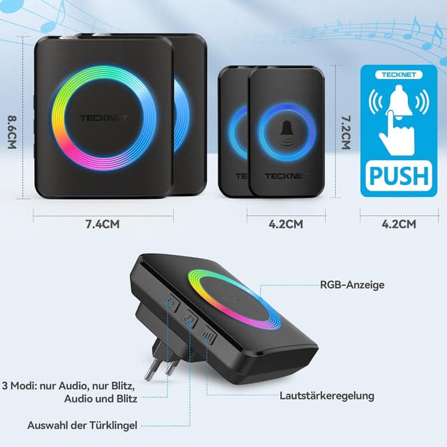 Detalle de TECKNET Funkklingel Set (IP65, 400 m Reichweite) mit 2 Sendern & 2 Empfängern, RGB-Blitz und 60 Melodien