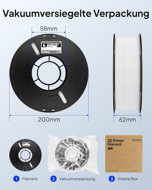 Detalle de ELEGOO TPU 95A 3D-Drucker Filament (1,75 mm, 1 kg) – flexibles Weich-Filament für FDM-Druck