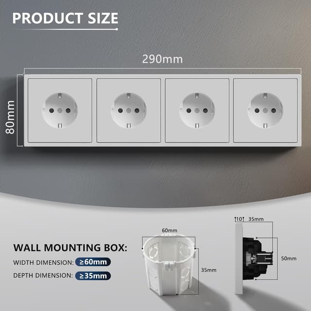 Detalle 2 de BSEED Schuko Mehrfachsteckdose Unterputz mit PC-Rahmen, 4-fach (weiß)