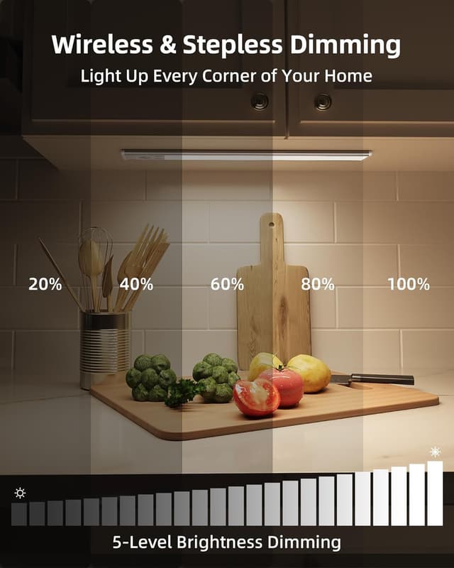 Detalle de EZVALO Under Cabinet Kitchen Lights (2 Pack) – 3-Colour Dimmable Motion Sensor LED Strips, Rechargeable 3200mAh