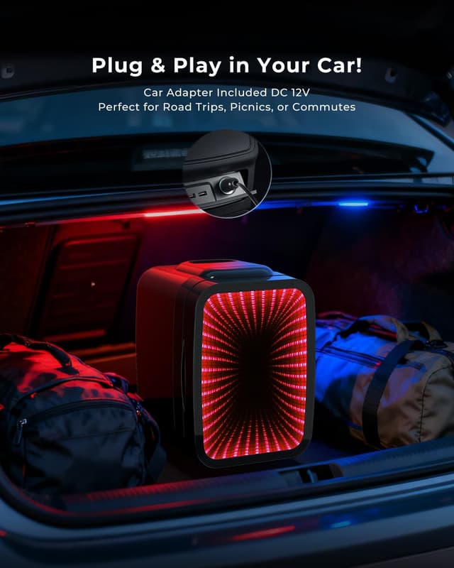 Detalle de BEICHEN Mini Kühlschrank 4L (6 Dosen) mit Kühl- und Heizfunktion, 7 RGB-Lichtmodi – leise Minikühlbox für Büro, Gaming & Auto