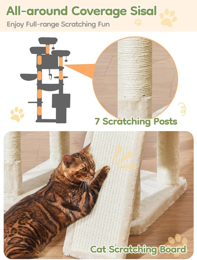 Detalle de Taoqimiao MS047M Cat Tree (193 cm) with 7 sisal posts, condos, hammock and hanging basket