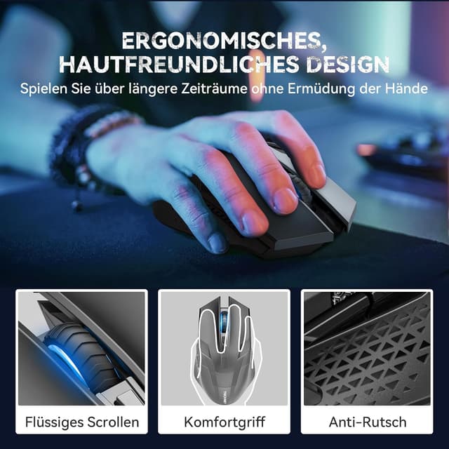 Detalle de TECKNET kabellose Gaming-Maus (2,4 GHz) mit Schnellfeuertaste, 8 Tasten, 4800 DPI – ergonomisch für PC, Mac & Laptop