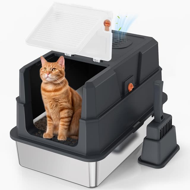 Detalle de SZEE Stainless Steel Cat Litter Tray with Lid (Black) — spacious, easy-clean litter box for odour control