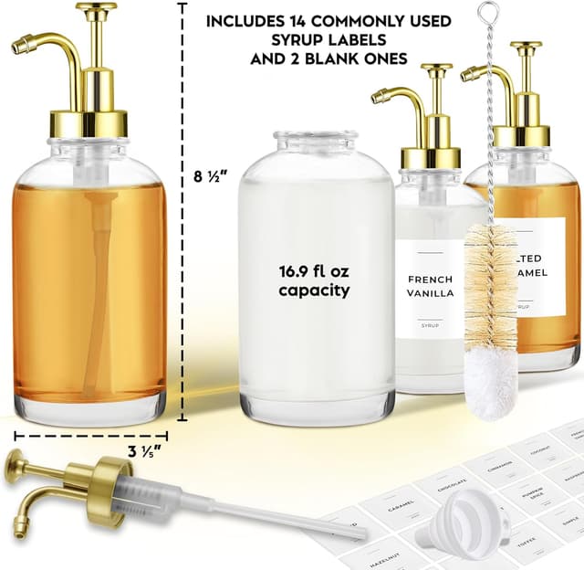 Detalle 2 de Spaceneat Coffee Syrup Dispenser with Pump (Glass) – 500 ml bottles, gold set with labels