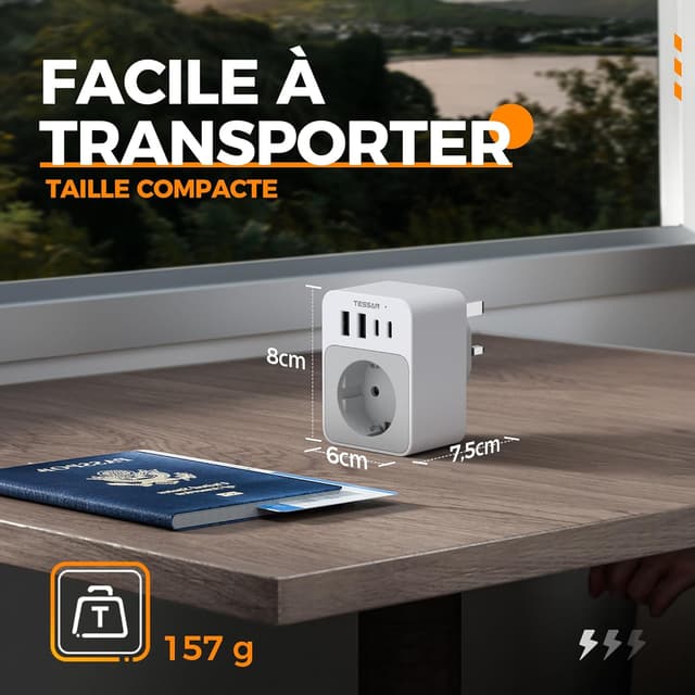 Detalle de TESSAN Adaptateur prise anglaise 5 en 1 type G avec 2 USB-C et 2 USB-A (3250W) pour Royaume-Uni, Irlande, Dubaï