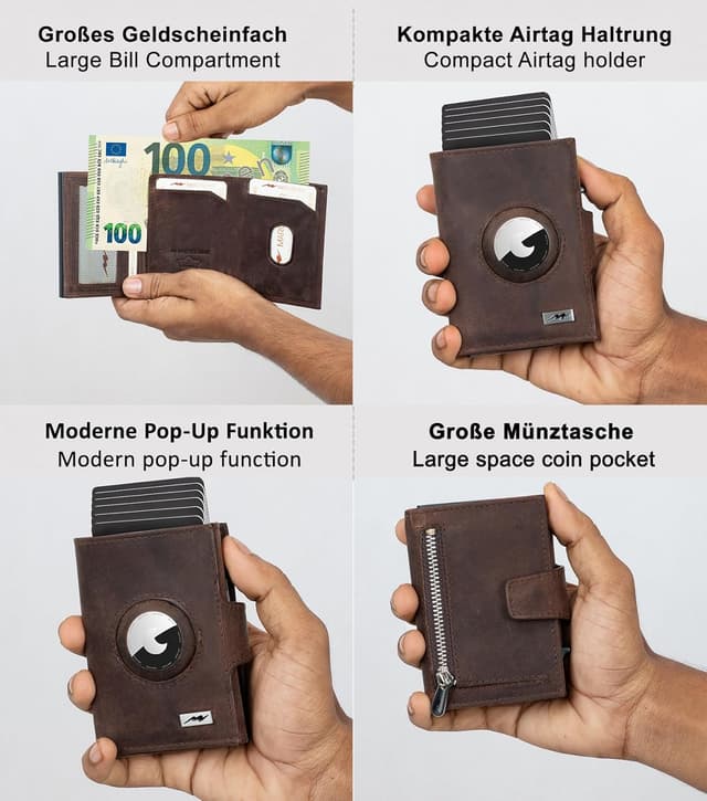 Detalle 2 de Marc Peter Chicago Vintage Braun Leder Push AirTag-Geldbörse mit Münzfach (RFID-Schutz), kleines Mini-Portemonnaie