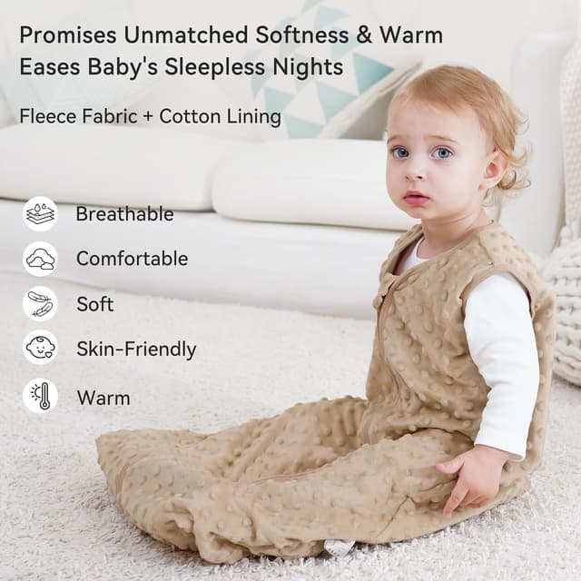 Detalle 2 de Unnivoll Baby Sleeping Bag 1.5 Tog with Plush Dots (2 Pack) – Wearable Sleep Sack for 12–18 Months, Coffee