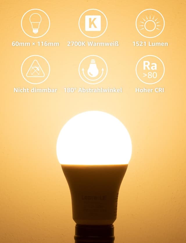 Detalle de Lepro 13W E27 LED Warmweiß (2700K), 1.521 Lumen – 12er-Pack, nicht dimmbar
