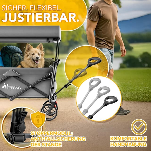 Detalle de TRESKO faltbarer Bollerwagen mit Dach, Kühlfach & Seitenrollos (bis 150 kg) – inkl. Vollgummireifen, Feststellbremsen & 3-Punkt-Gurt