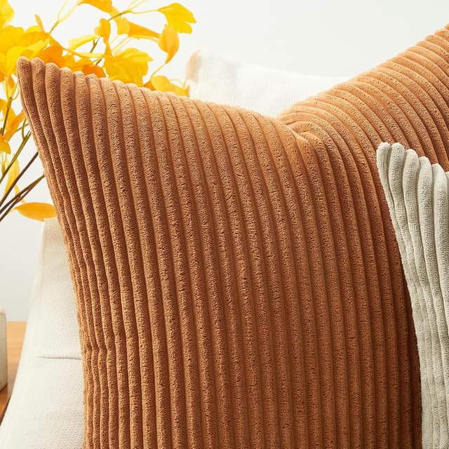 Detalle de Topfinel Kissenbezug 45x45 Herbst Karamell Orange im 2er-Set (Cord-Kordsamt, versteckter Reißverschluss)