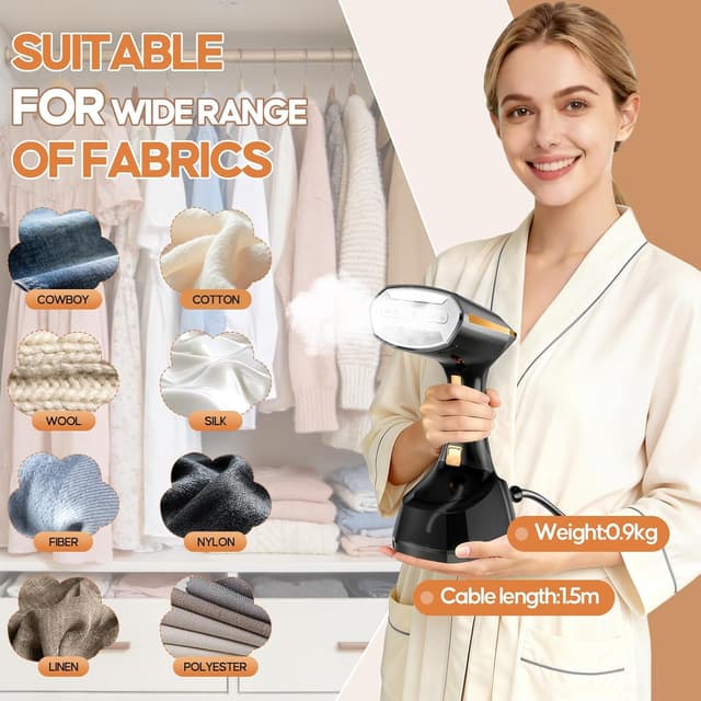 Detalle 2 de PKBD Handheld Clothes Steamer (1800W) with Detachable 300ml Tank, LED Screen & 3 Steam Speeds