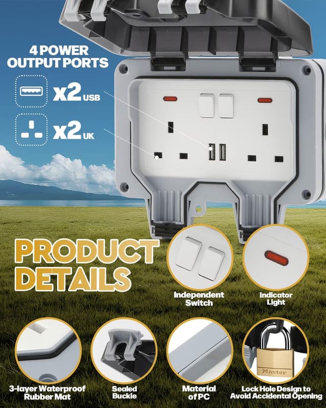 Detalle de Olutula Outdoor Socket 3m Extension Lead with 2 USB Ports (Outdoor Waterproof IP66) – Double Weatherproof Wall Outlet