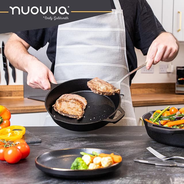 Detalle de NUOVVA 2pcs Cast Iron Skillet Set (pre-seasoned) – 10 inch 25cm & 12 inch 30cm oven-safe frying pans