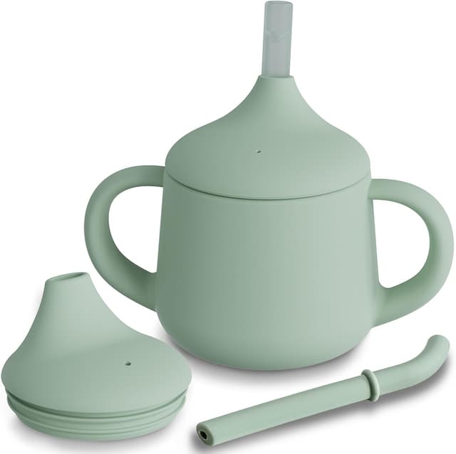 Detalle de Moonkie Silicone Baby Sippy Cup (6+ Months) with 2 Straws, Leak-Proof Valve, 120ml Sage