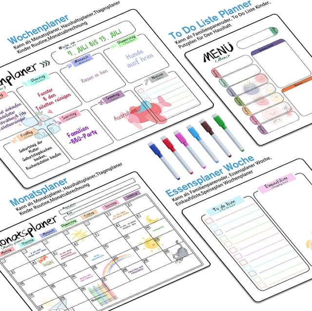 Detalle de Prelisee 4er Set Magnetischer Whiteboard-Wochenplaner (bilingual DE/EN) für Kühlschrank, 42×30 cm