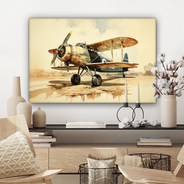 Detalle de MuchoWow Impression sur toile 90 x 60 cm (Avion, Beige) – tableau mural sur cadre en bois