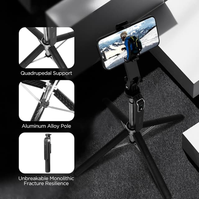 Detalle de Romon 180 cm Handy-Stativ (Quad-Stativ, Selfie-Stick, 360° Drehung) für iPhone, Android & Kamera
