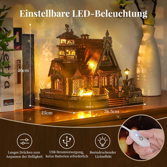 Detalle de FUNPOLA LED 3D Holzpuzzle für Erwachsene – DIY Miniatur-Cottage mit LED-Blitz