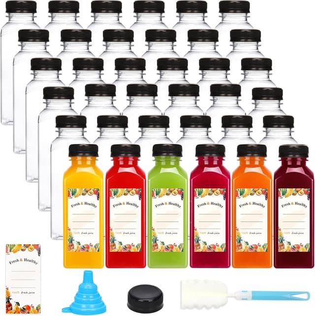 Detalle de Moretoes 36pc 12oz Plastic Juice Bottles with Lids, Reusable Clear Containers for Smoothies, Milk, and More