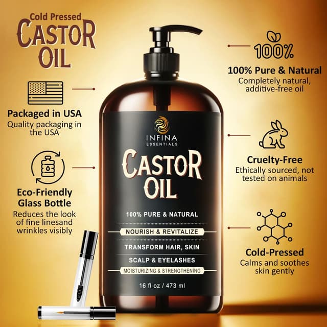 Detalle 2 de INFINA ESSENTIALS Pure Cold Pressed Castor Oil (Hexane Free) — 16 fl oz Glass Bottle for Hair, Scalp, Skin & Eyelashes