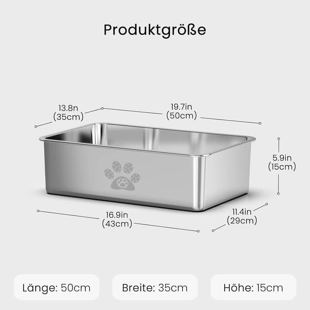 Detalle de PTLOM Lebensmittelgrade Katzenklo aus Edelstahl (M) mit niedrigem Einstieg und abgerundeten Kanten
