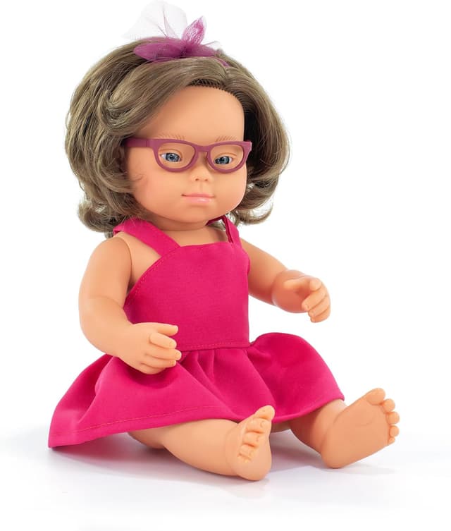 Detalle de Miniland My Friends & Me Puppe (38 cm) – europäisches Mädchen mit Down Syndrom und Brille