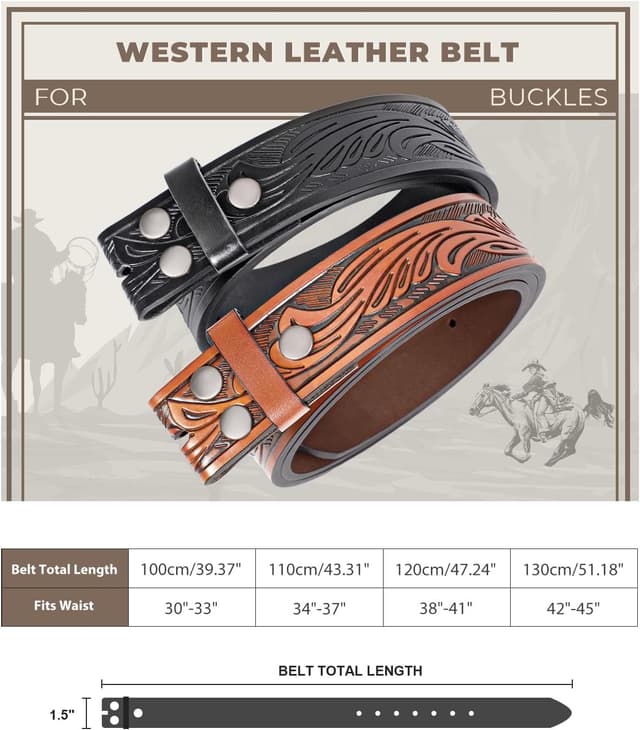 Detalle de Beltroad 2er-Set Western-Gürtel ohne Schnalle für Herren (3,8 cm) – Wechselgürtel mit Schnapp-System