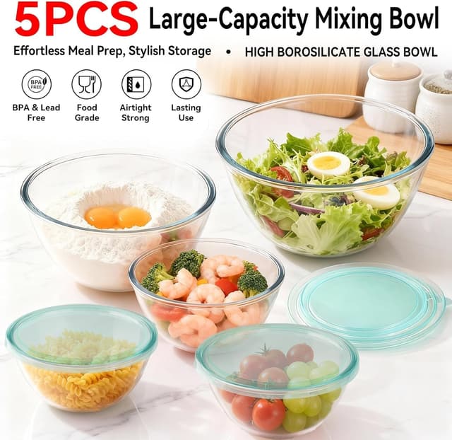 Detalle de YUANYE 5 Pack Glass Mixing Bowls with Lids Set (5/2.5/1.5/0.9/0.6QT) with Nesting Design