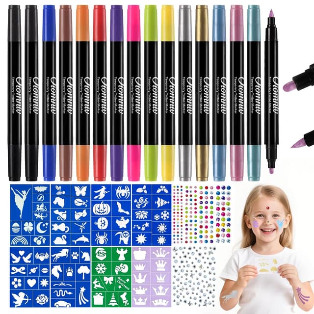 Detalle de Oiovnivn Tattoo Stifte Kinder – Glitzer-Set Dual-End mit 15 Markern, 78 Schablonen und 2 Gesichtsstickern