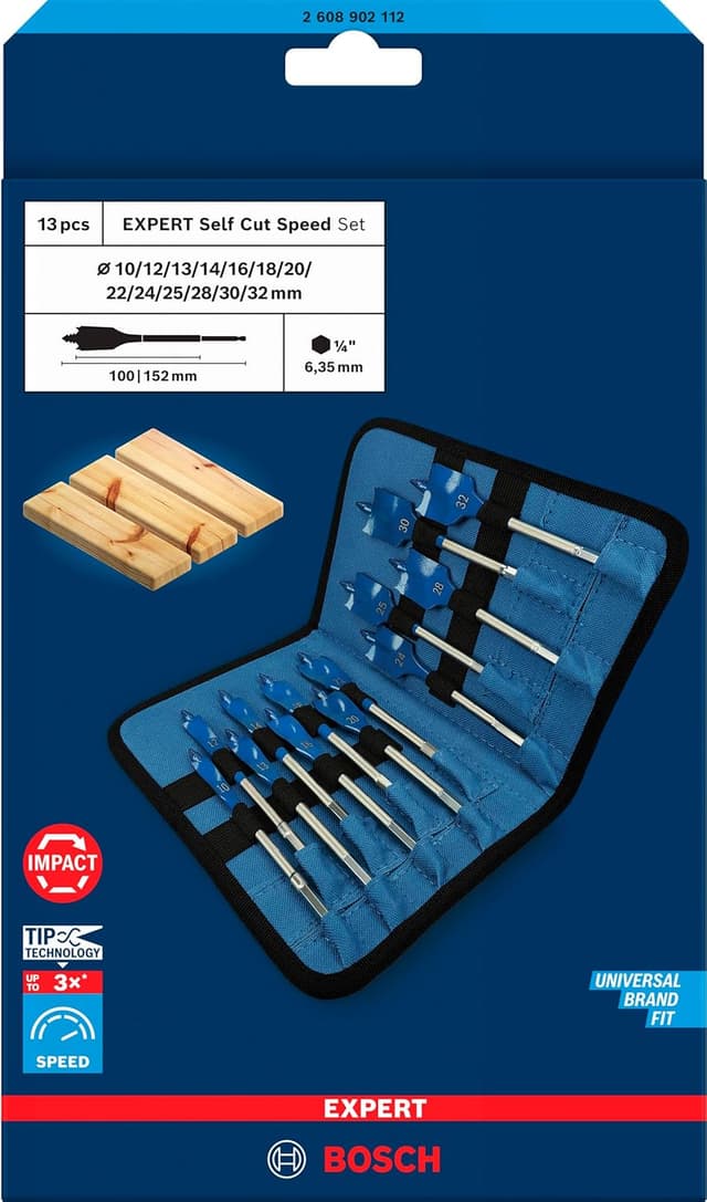 Detalle de Coffret Bosch 13 mèches plates EXPERT Self Cut Speed pour bois résineux et panneaux (Ø 10 à 32 mm)