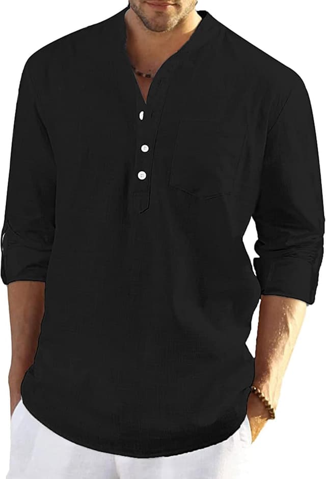 Thumbnail 6 de YAOBAOLE chemise en lin pour homme à col Henley et manches longues