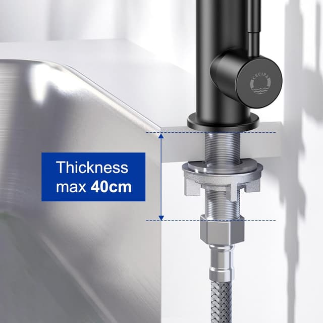 Detalle de CECIPA Wasserhahn nur für Kaltwasser Schwarz inkl. 60 cm Anschlussschlauch (Edelstahl-Muttern 304)