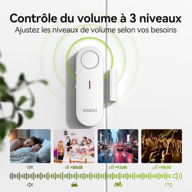 Detalle de VOXON alarme maison sans fil pour porte et fenêtre (lot de 2 détecteurs, contrôle volume 3 niveaux, 98 dB)