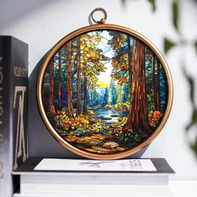 Thumbnail 5 de XIAOAIKA Vintage Round Wall Hanging with Gold Frame: Tranquil Forest Panel 🌟