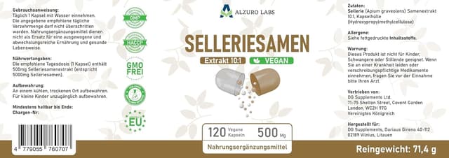 Detalle de Alzuro Labs Extrait de graines de céleri 500 mg (10:1) – 120 gélules végétaliennes