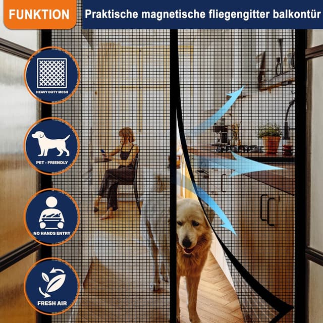 Detalle de DIKER Fliegengitter Balkontür Magnet (90x210 cm) – flammhemmendes Insektenschutz-Gitter ohne Bohren, schwarz