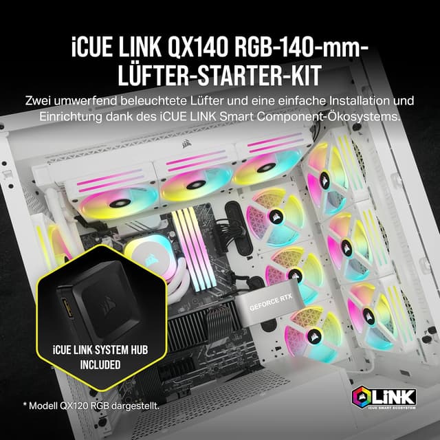 Thumbnail 1 de Corsair iCUE LINK QX140 RGB 140-mm Magnetic Dome RGB Lüfter-Starter-Kit (weiß) – Doppelter Lüfter mit iCUE LINK Hub