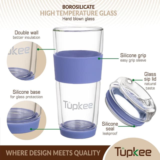 Detalle 2 de Tupkee 14 oz Double-Wall Glass Travel Cup with Hand-Blown Borosilicate, Lid & Silicone Sleeve (Jacaranda)