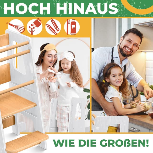 Detalle 2 de KIDIZ® Lernturm für Kinder ab 1 Jahr inkl. Lernuhr – höhenverstellbarer Tritthocker aus Kiefernholz bis 50 kg