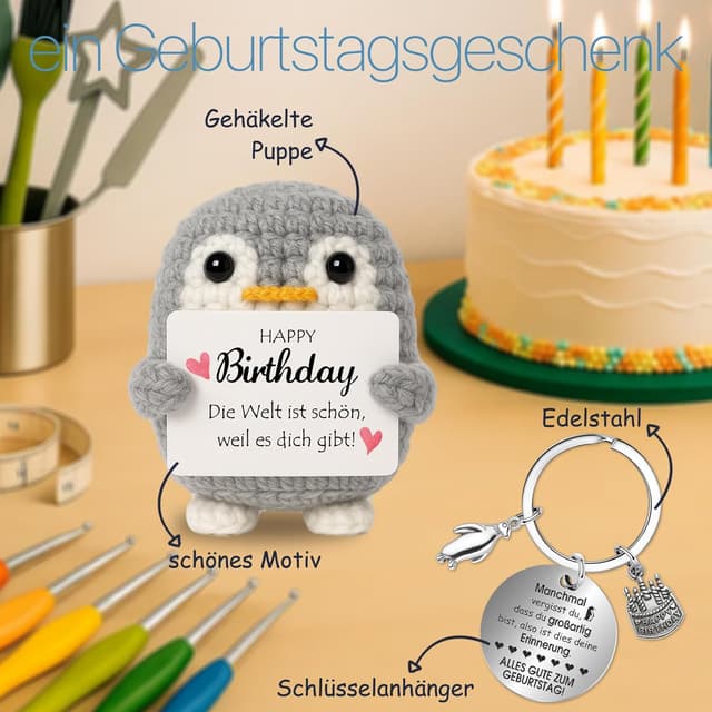 Detalle de Farbeele Fröhlicher Pinguin & Glücksbringer Schlüsselanhänger (Pocket Hug Positive Figur) – Geburtstagsgeschenk