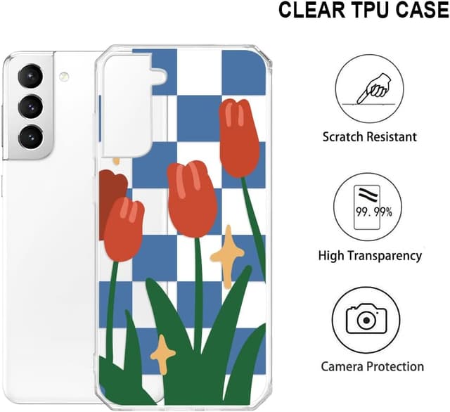 Detalle de CAROKI Clear Case for Samsung Galaxy S22 5G – shockproof transparent TPU bumper cover with tulip pattern