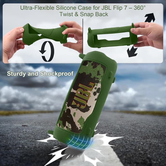 Detalle de Khanka Silicone Protective Cover for JBL Flip 7 with Detachable Shoulder Strap (Army Green) — case only