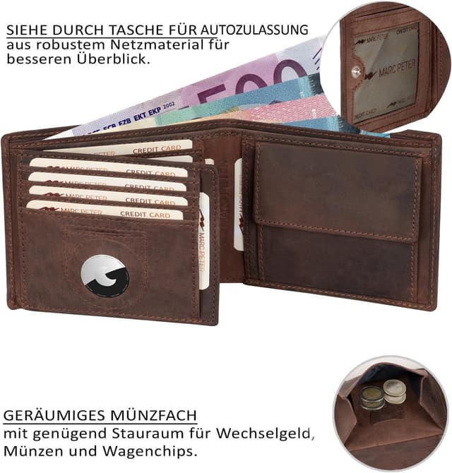 Detalle de Marc Peter® California AirTag Wallet mit Münzfach und RFID-Schutz – Vintage Braun Geldbörse