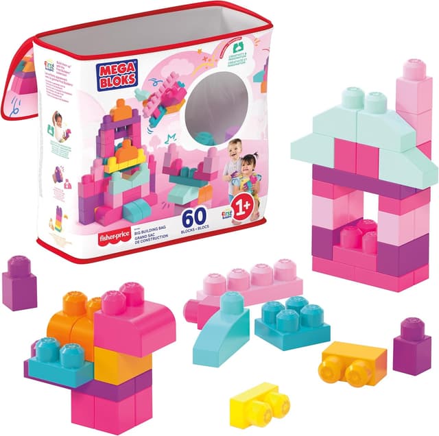 Detalle de Mega Bloks DCH54 – Grand sac de construction rose, 60 blocs empilables (à partir de 1 an)